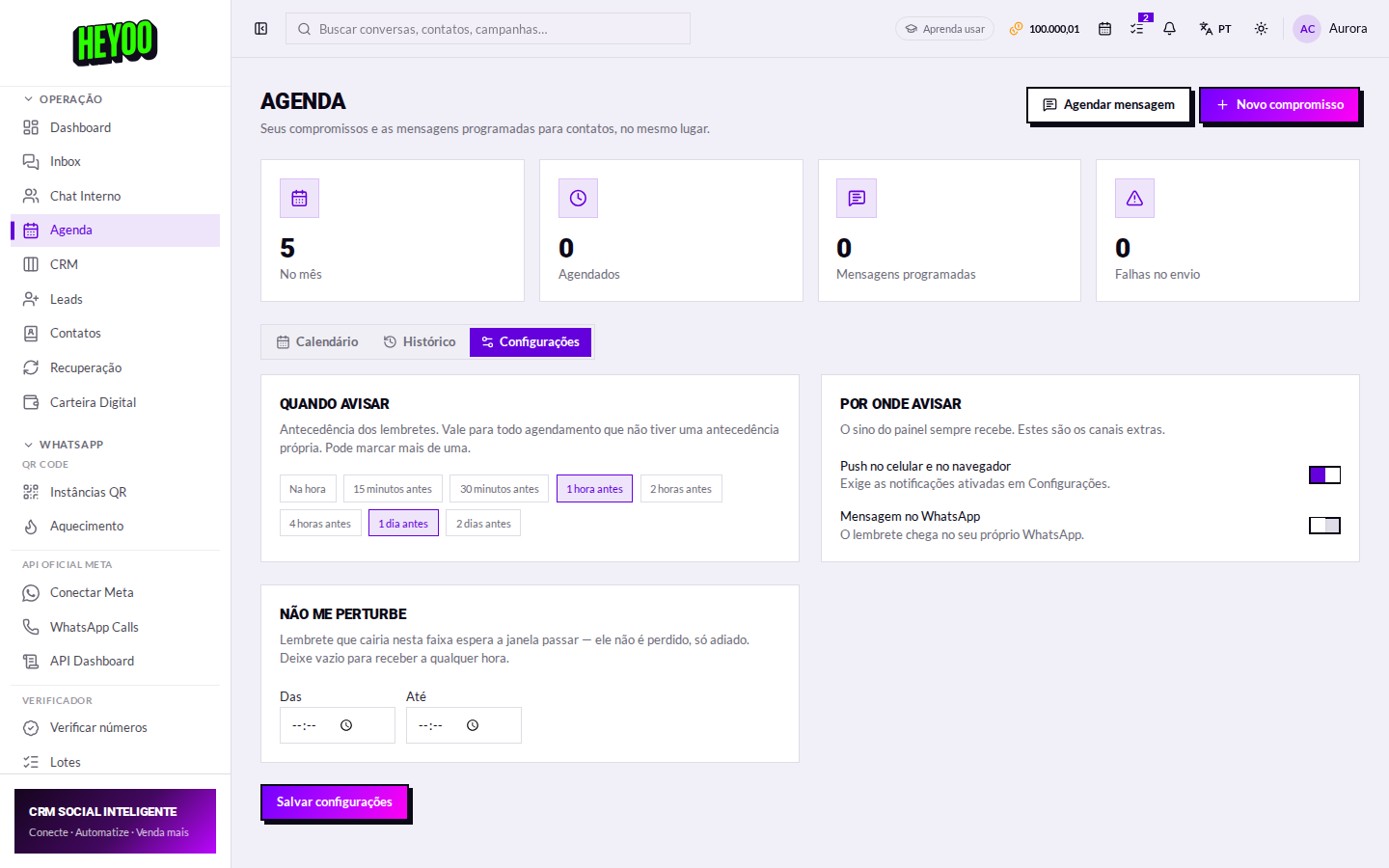 Configurações da agenda
