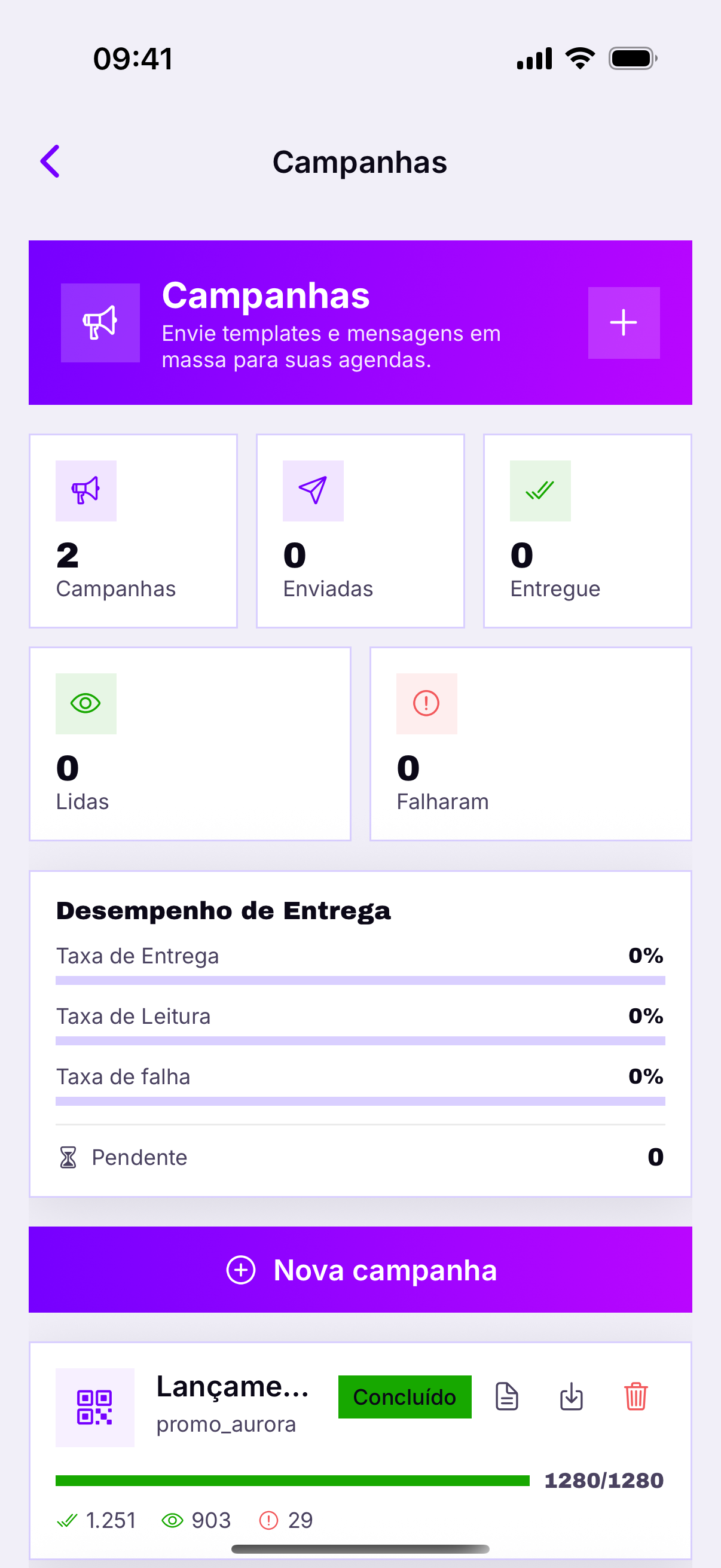 A tela de campanhas