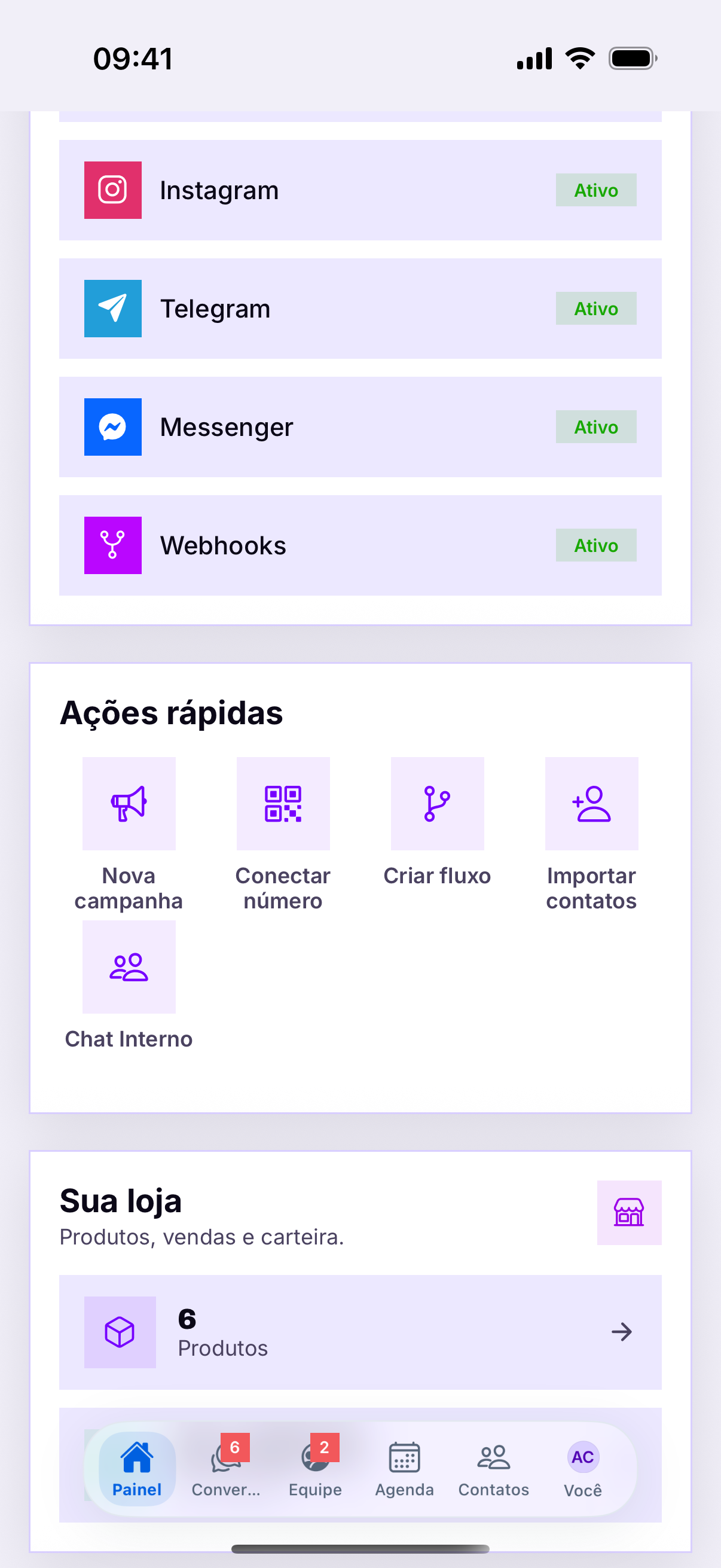 Canais e ações rápidas