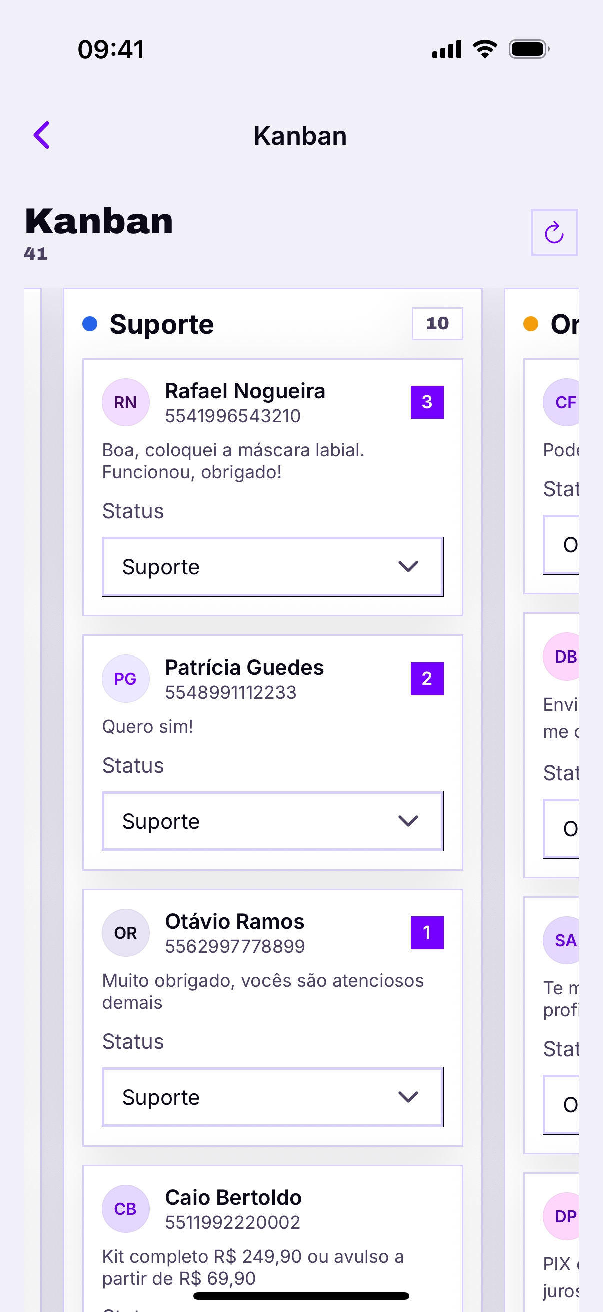 Quadro Kanban deslizado, mostrando a coluna Suporte no centro