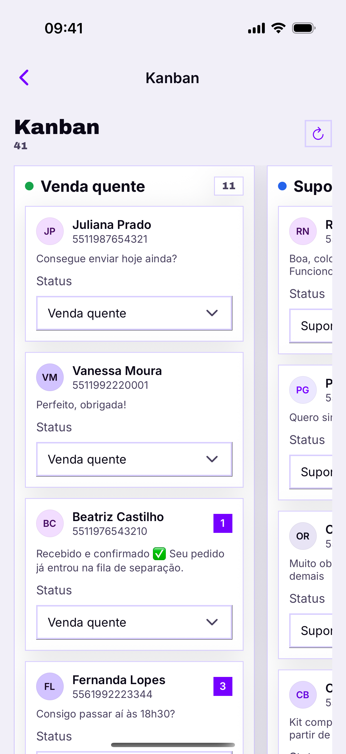 Quadro Kanban no celular com a coluna Venda quente e seus cards