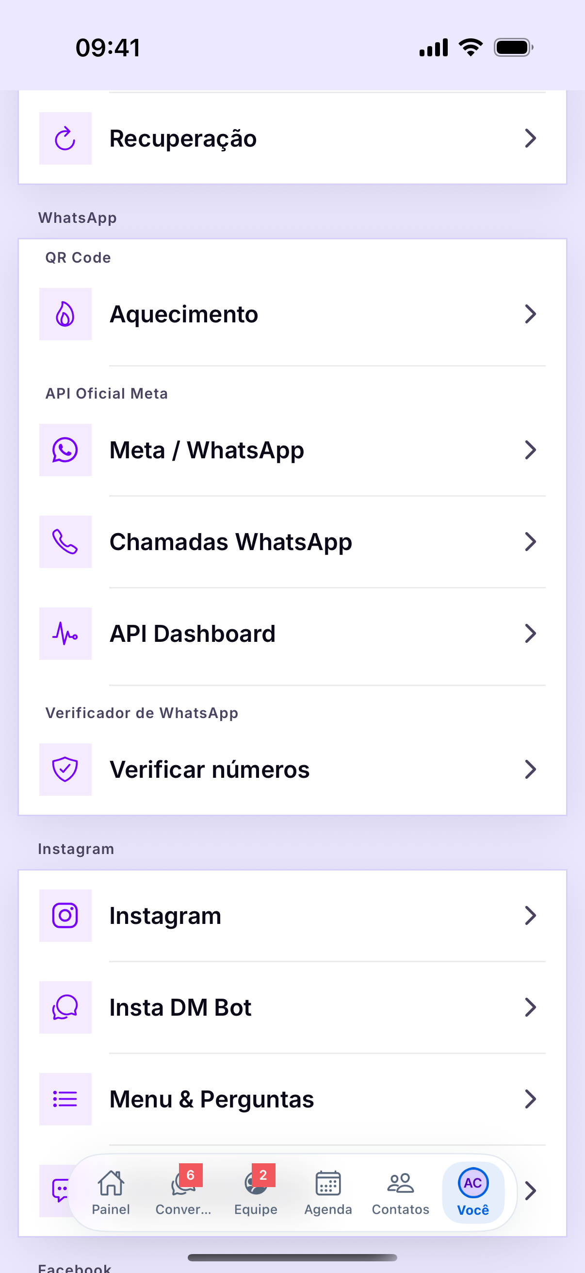 Os grupos do menu