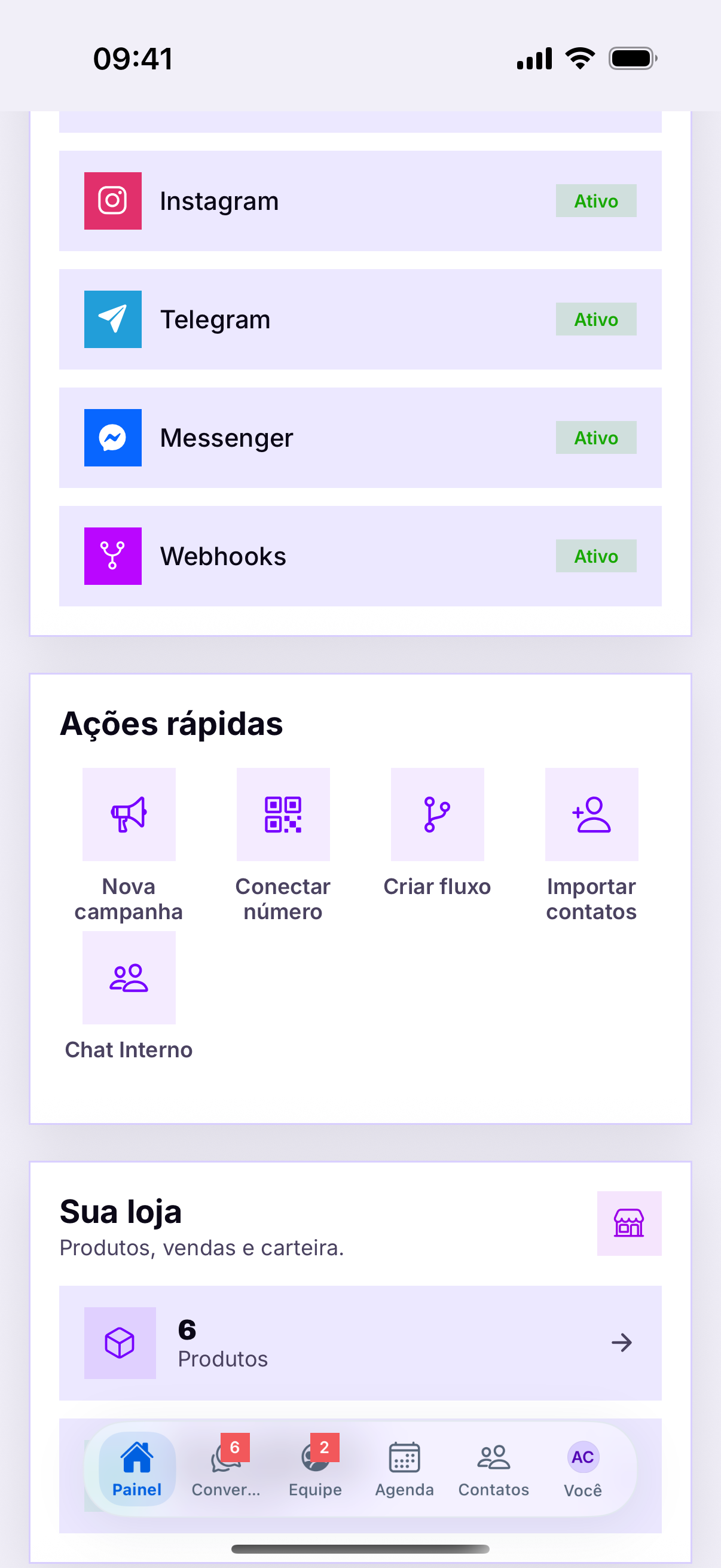 Canais e ações rápidas