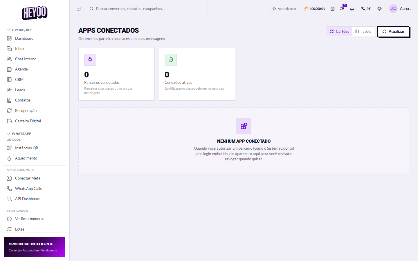 Tela de apps conectados