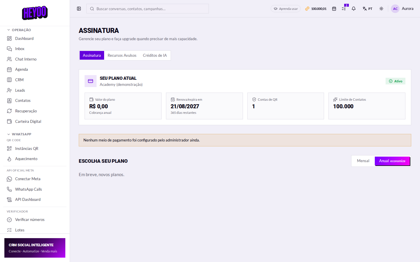 Os módulos do plano aparecem no menu.