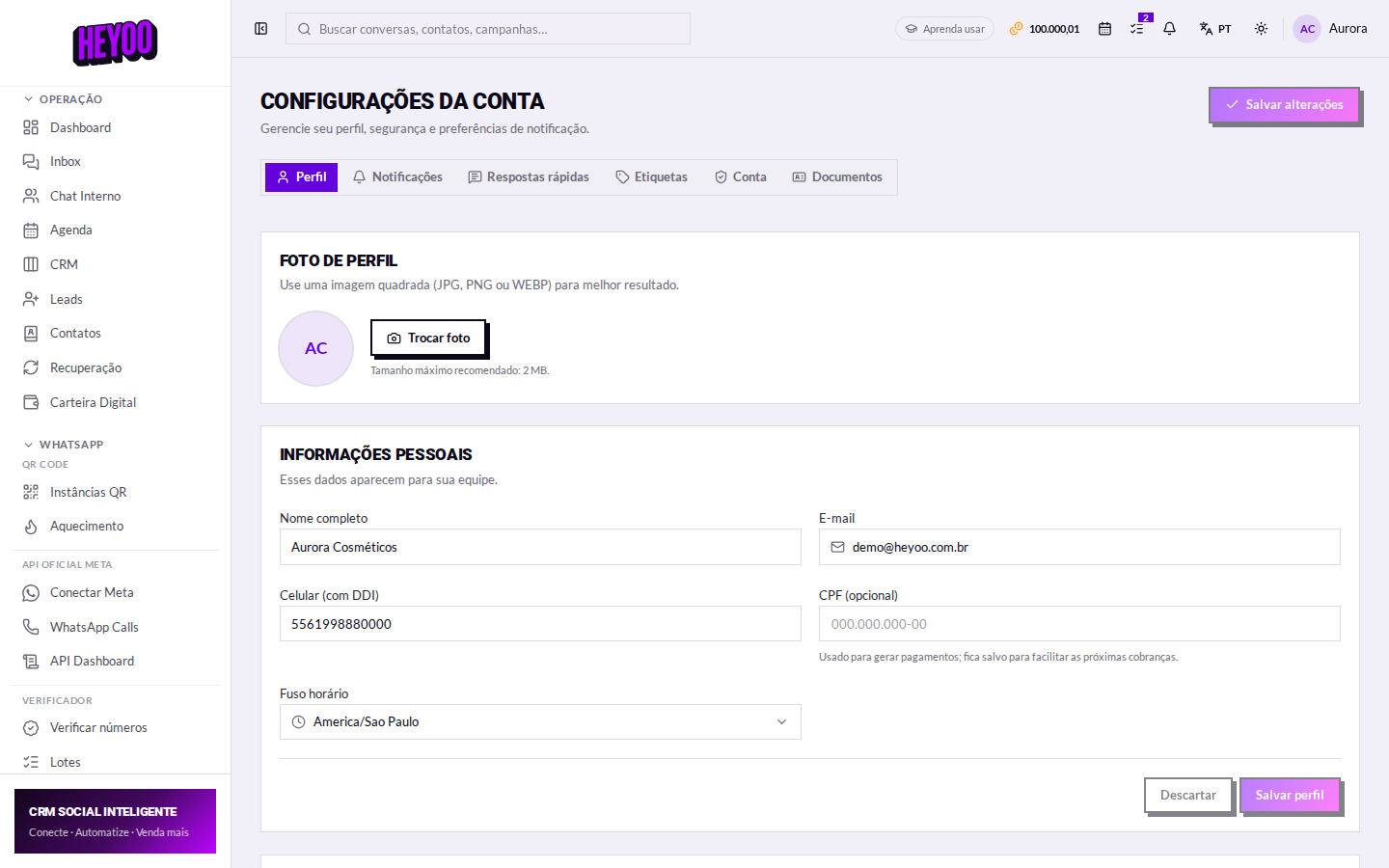 Configurações da conta