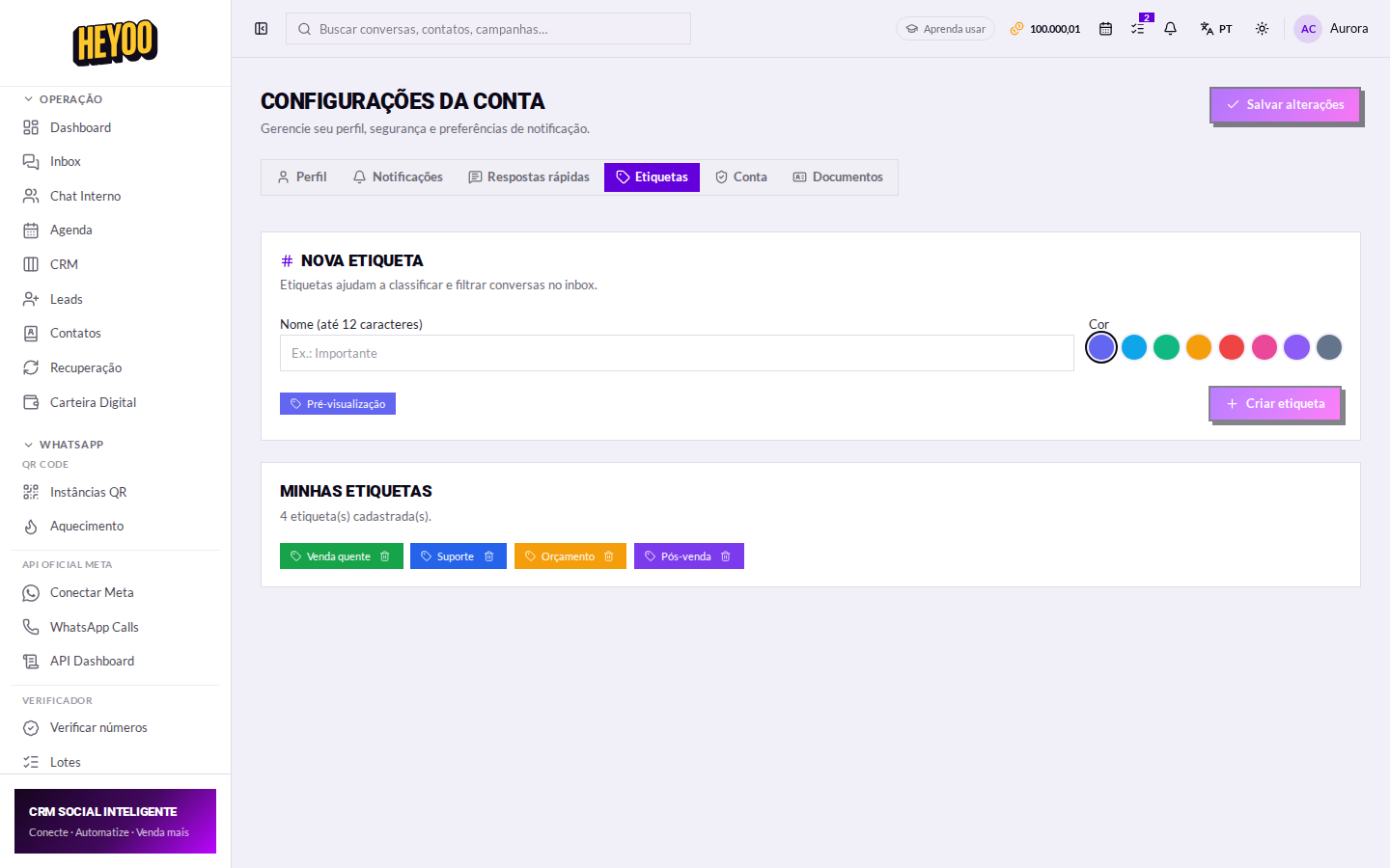 Lista de etiquetas da conta