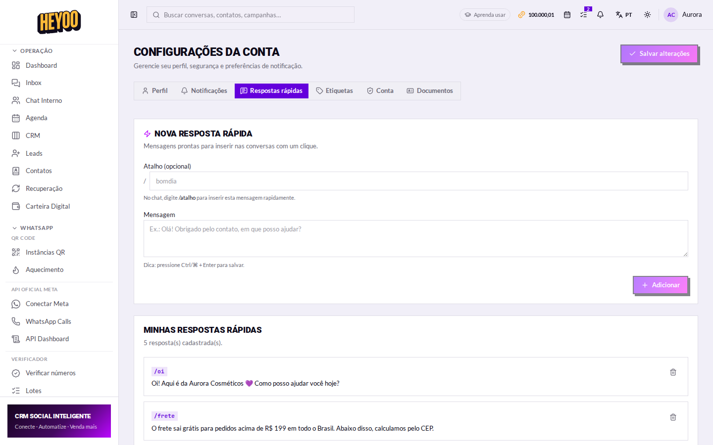 Aba de respostas rápidas