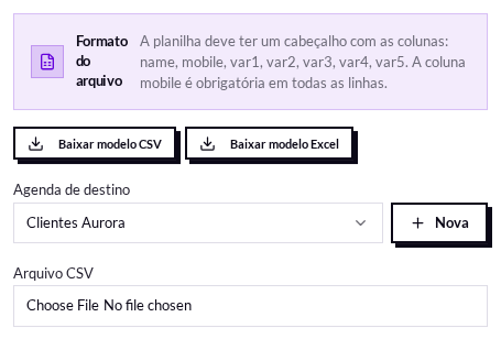 Agenda de destino da importação