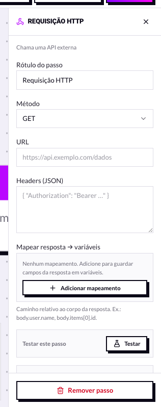 Painel do nó de requisição HTTP
