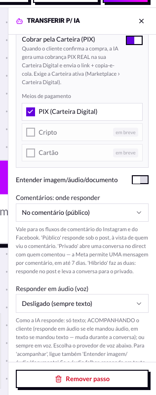 Interruptor Cobrar pela Carteira no nó de IA