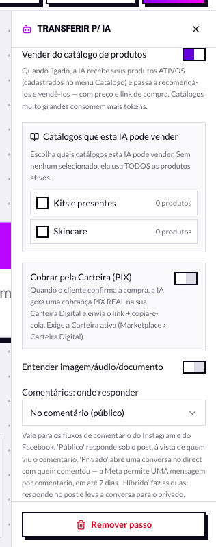 Interruptor Vender do catálogo no nó de IA