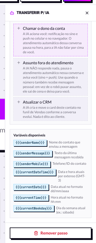 Editor de AI Tasks com as ações prontas