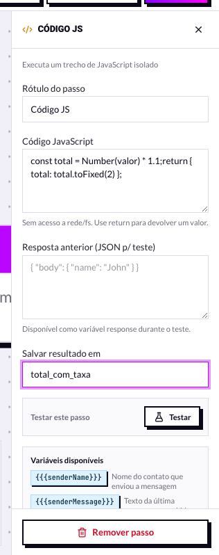 Painel do nó Código JS com o campo de código