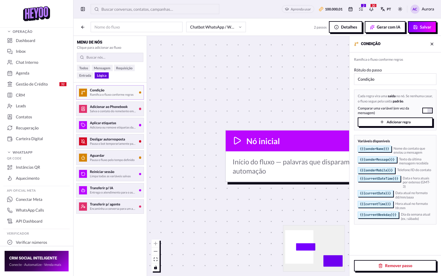 Painel do nó Condição com o editor de regras