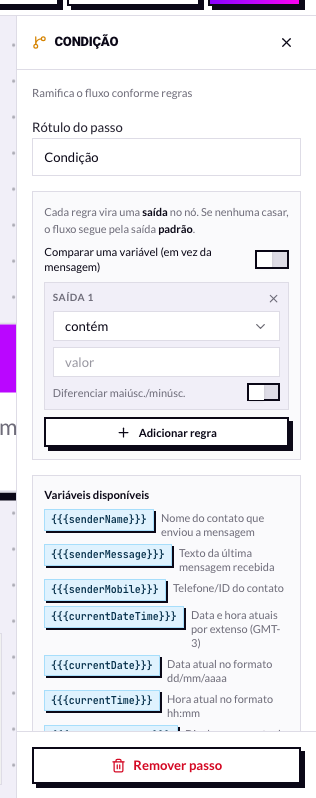 Editor de condições mostrando a saída padrão