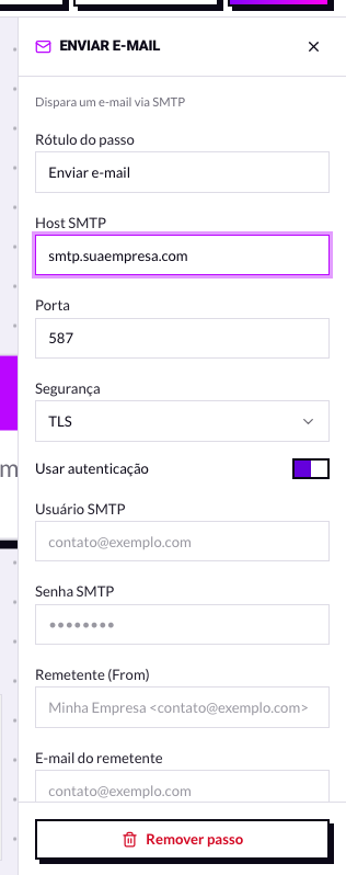 Painel do nó Enviar e-mail com os campos SMTP