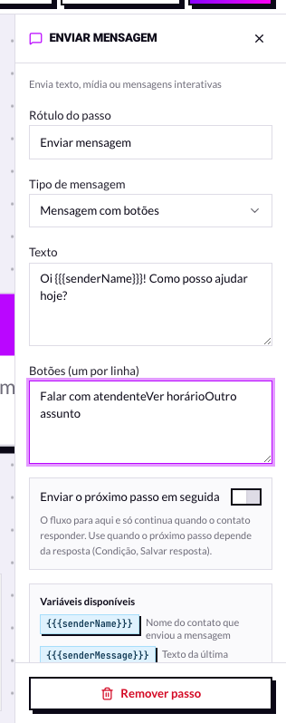 Painel no tipo mensagem com botões