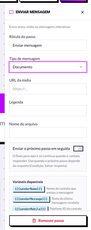 Painel no tipo documento, com URL, legenda e nome do arquivo