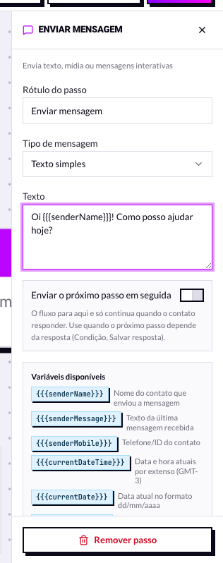 Painel do nó Enviar mensagem no tipo texto