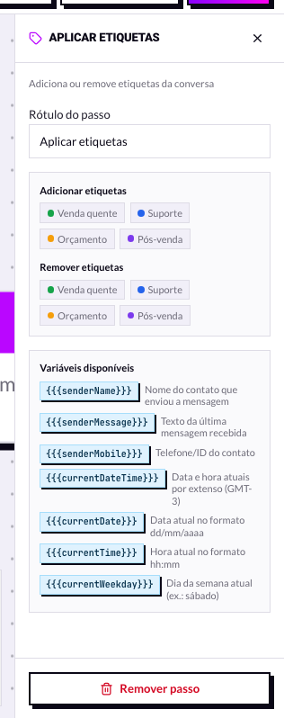 Painel do nó Aplicar etiquetas