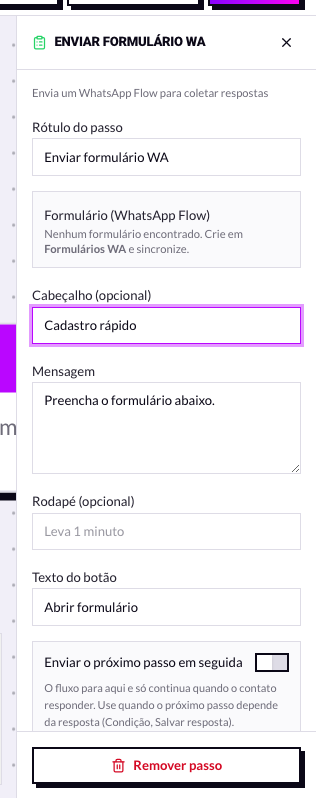Painel do nó Enviar formulário WA