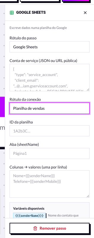 Painel do nó Google Sheets com o campo de conexão
