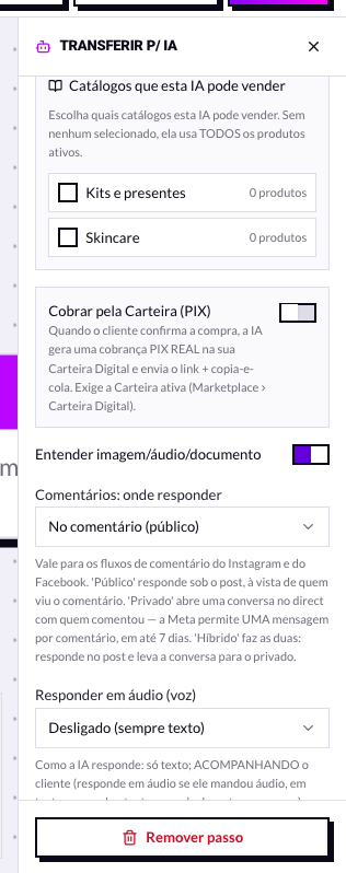 Seletor de catálogos e interruptor de cobrança pela Carteira