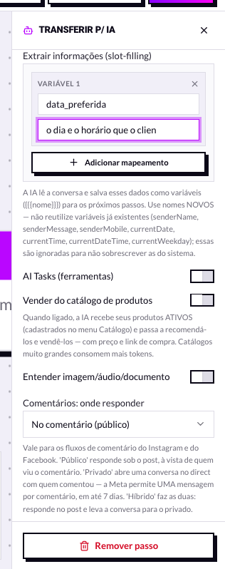 Editor de extração de informações do nó de IA