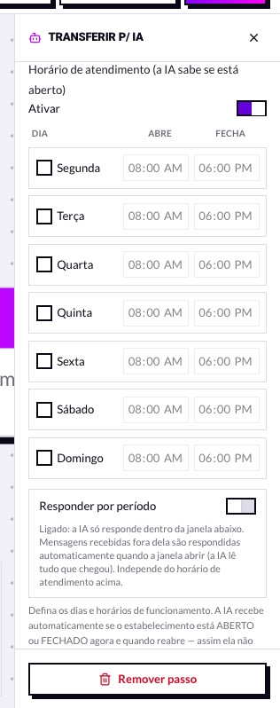 Bloco de horário de atendimento do nó de IA