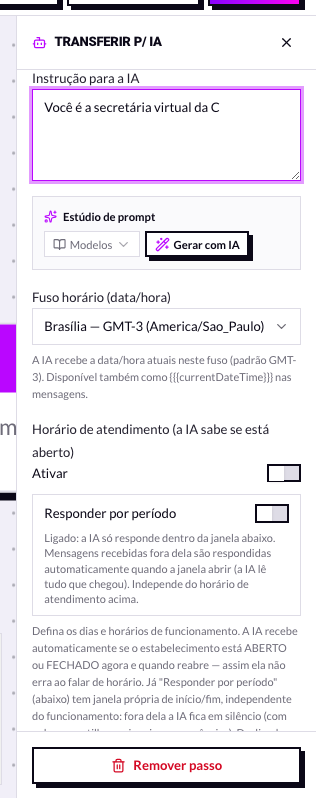 Campo de texto com a instrução da IA