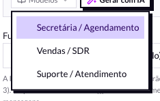 Lista de modelos de prompt: Secretária, Vendas e Suporte