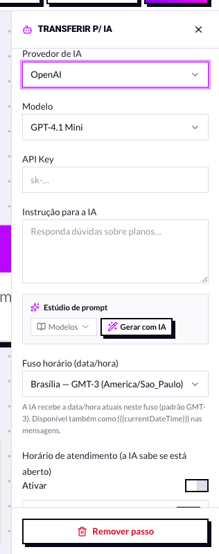 Campo Provedor de IA com OpenAI selecionado, mostrando modelo e chave