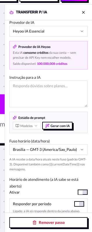 Campo Provedor de IA com o provedor nativo Heyoo e o aviso de saldo de créditos