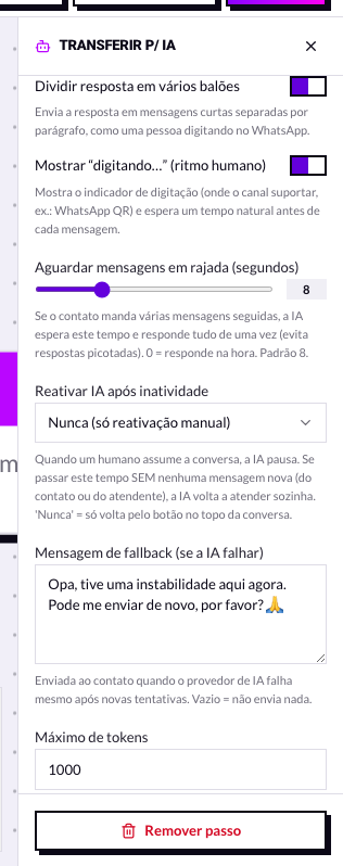 Campos dividir resposta, mostrar digitando e aguardar rajada