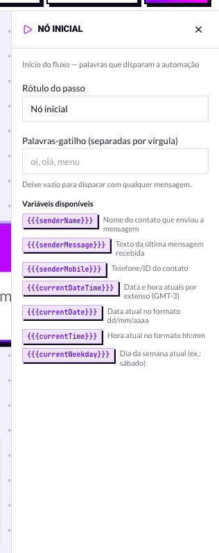 Painel do nó inicial com o campo de palavras-gatilho