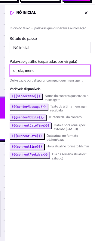 Lista de variáveis disponíveis no nó inicial