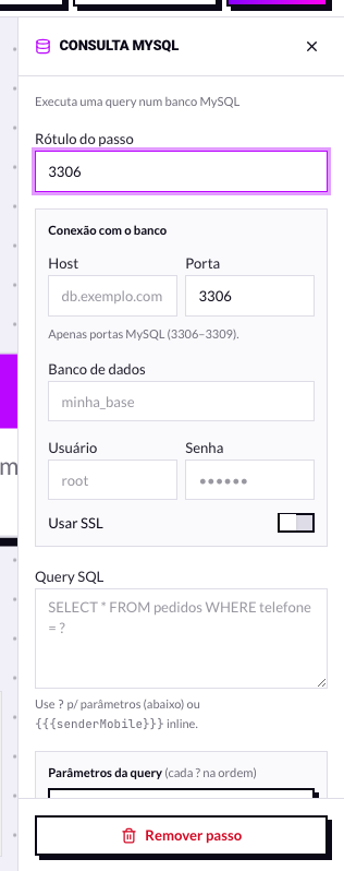 Painel do nó Consulta MySQL com os dados de conexão