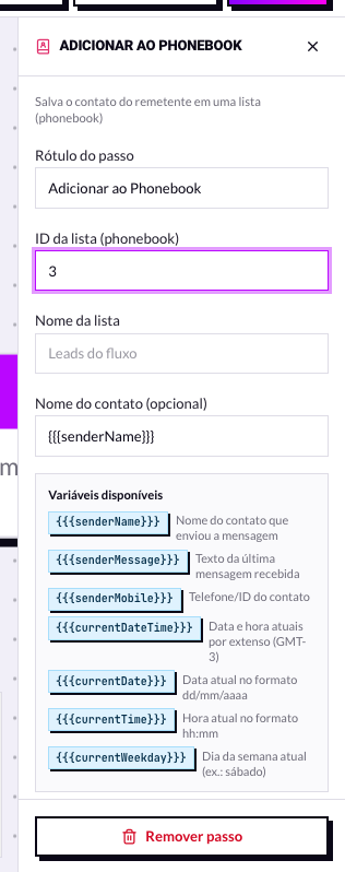 Painel do nó Adicionar ao Phonebook