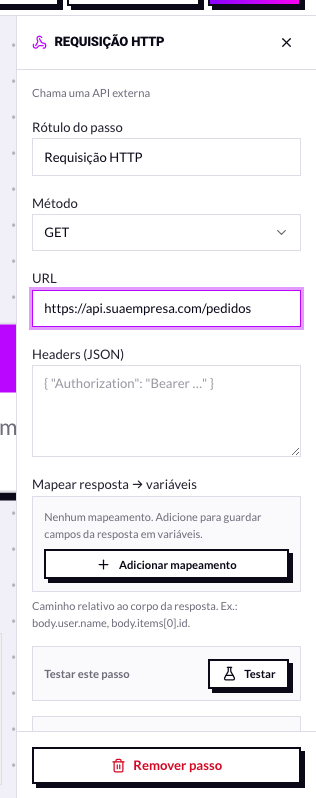Painel do nó Requisição HTTP com método e URL