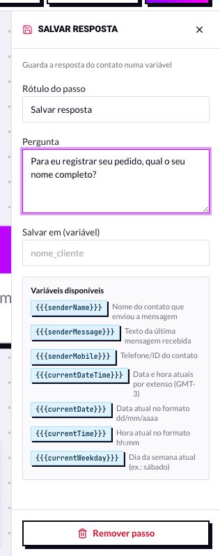 Painel do nó Salvar resposta com o campo de pergunta