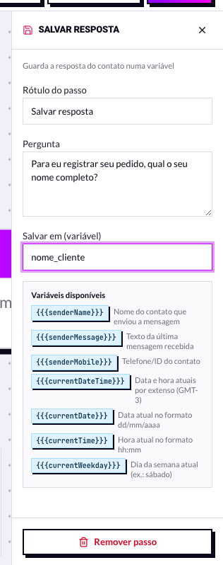 Campo Salvar em, com o nome da variável