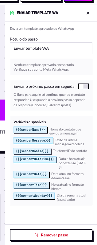 Painel do nó Enviar template WA