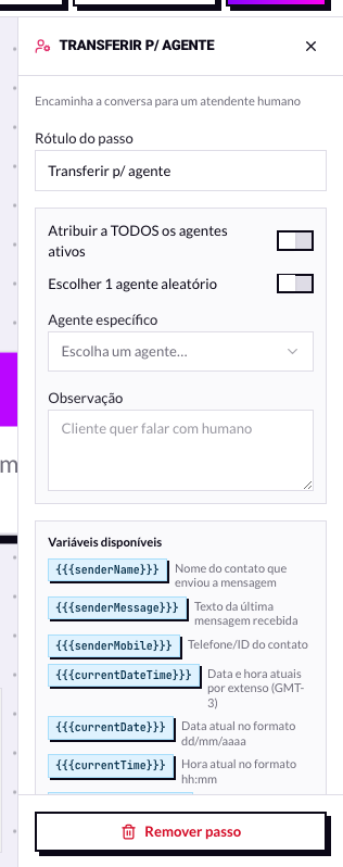 Painel do nó Transferir p/ agente com os três modos