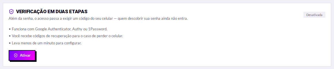 Card do 2FA desativado