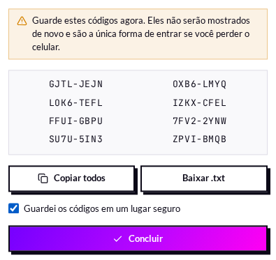 Confirmação de que os códigos foram guardados
