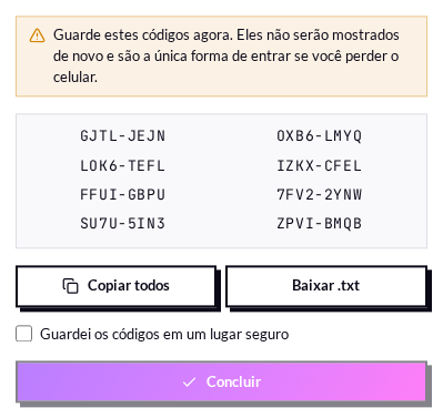 Lista de códigos de recuperação