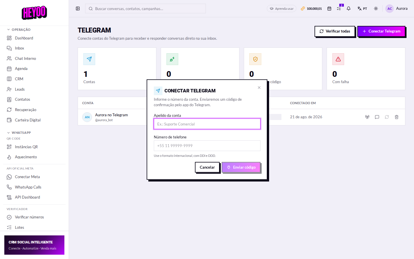 Formulário de conexão do Telegram