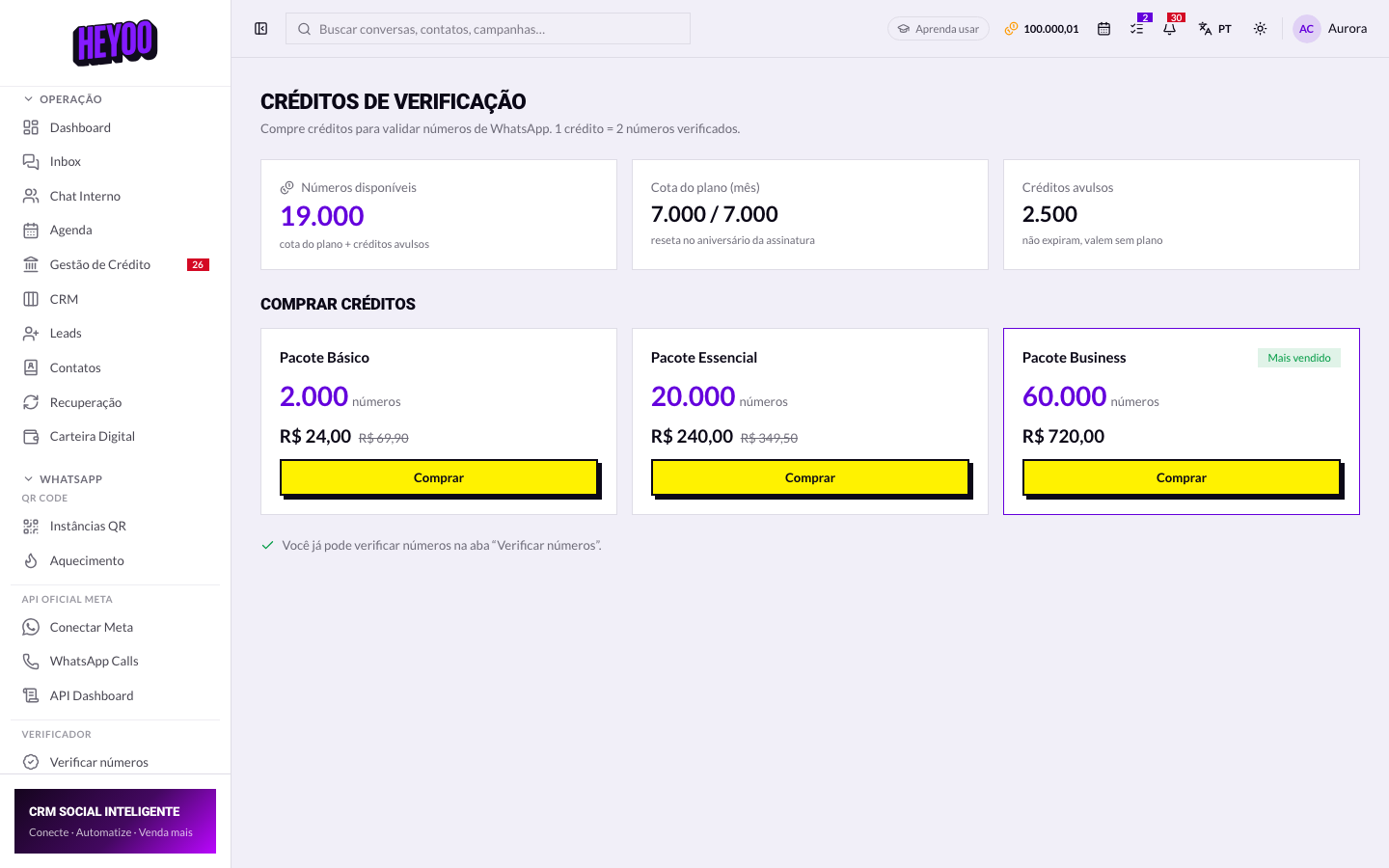 Um crédito por número checado.