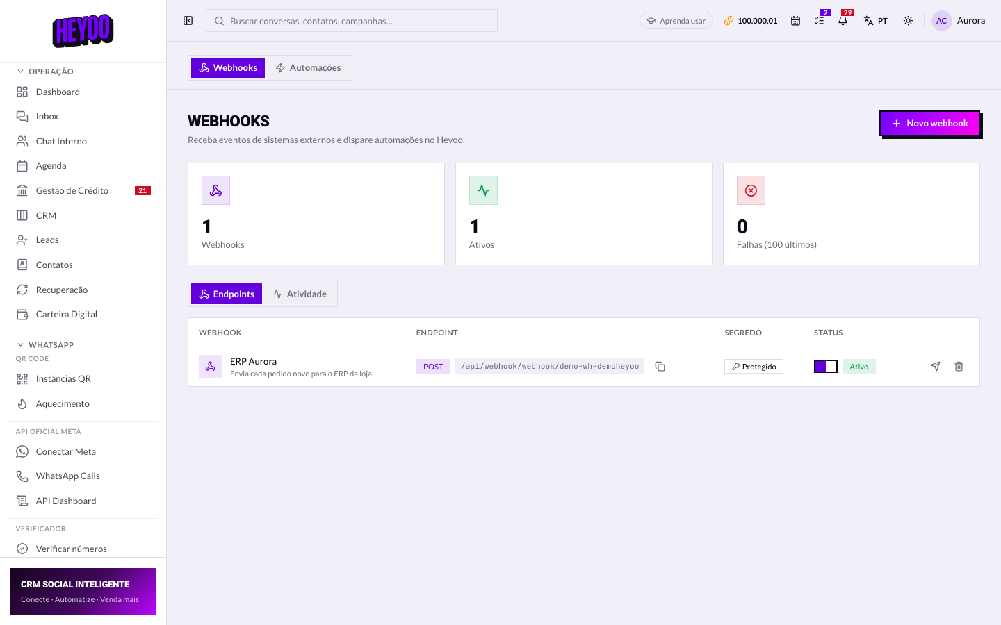 Tela de webhooks